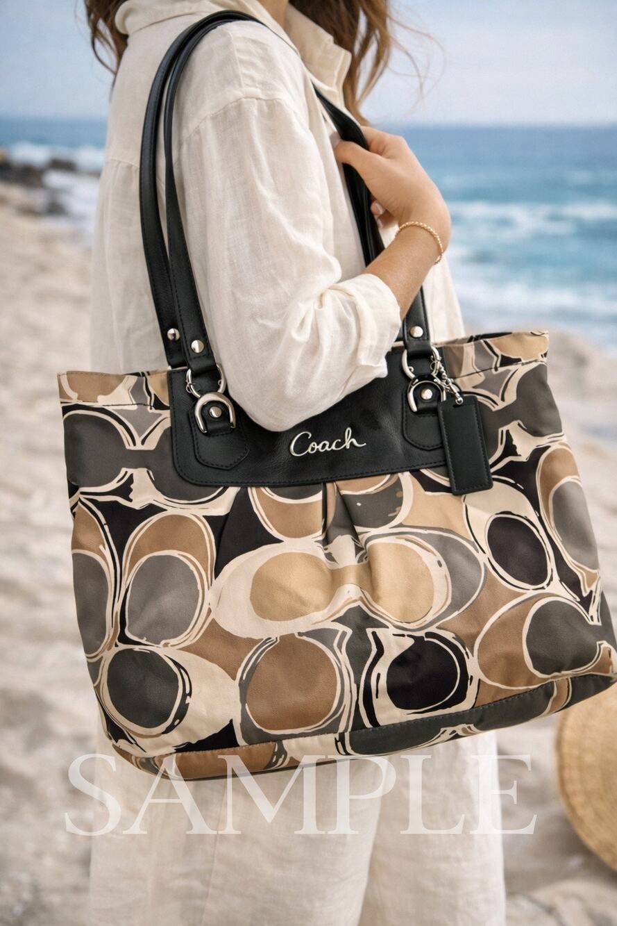Coach Signature Print Tote Bag Brown Tan Black Patent Leather Trim Shoulder Bag